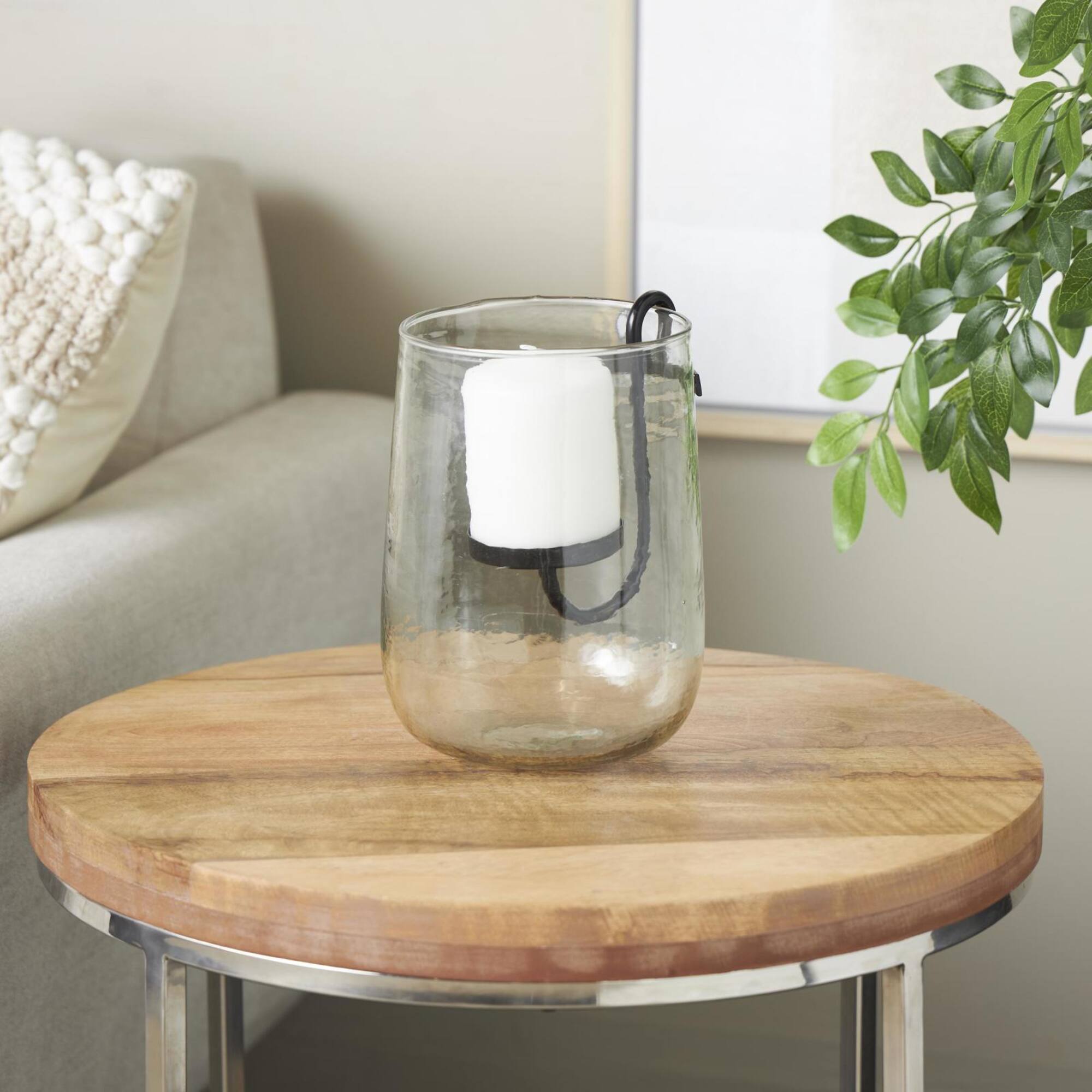 9" Clear Glass Candle Holder with Black Metal Accents